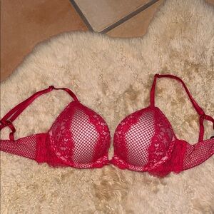 Victoria's Secret Bombshell Plunge Push-Up Bra in Bright Pink Lace Mesh Size 32A
